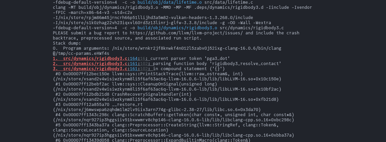 A long backtrace from clang crashing trying to evaluate functions in a rigidbody dynamics equation.