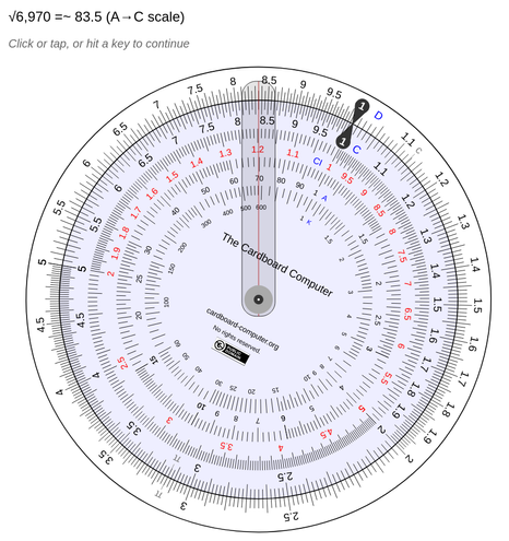 A screenshot of a circular sliderule solving the problem √6,970 =~ 83.5 (the answer is at the top on the D scale, under the cursor).
