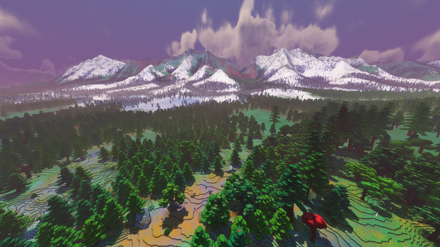Screenshot of a landscape in the video game Veloren featuring the new tree LoD kinds