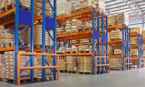 Shelves of pallets in a warehouse