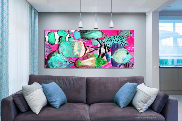 Colorful blue and aqua fish on a hot pink background by artist Sharon Cummings.