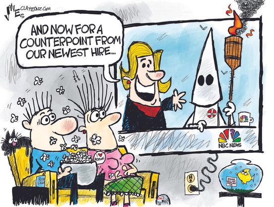 Couple watching news on #NBC.  Host introduces a torch-burning person in a Klan costume.  Caption: And now for a counterpoint from our newest hire...