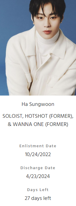 Ha Sungwoon - details about his military enlistment and discharge - 27 Days left!