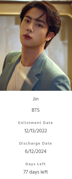 Jin - details about his military enlistment and discharge - 77 Days left!