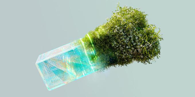 An illustration of futuristic tech transforming into plant matter.