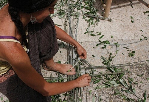 a woman in the early stages of making a basket out of olive branches
