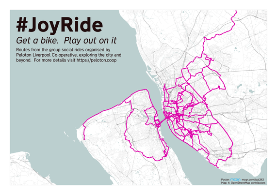 The original image which was printed out on the poster in the photo.  In the top-left corner is the text reading "#JoyRide.  Get a bike.  Play out on it.  Routes from the group social rides organised by Peloton Liverpool Co-operative, exploring the city and beyond.  For more details visit https://peloton.coop"