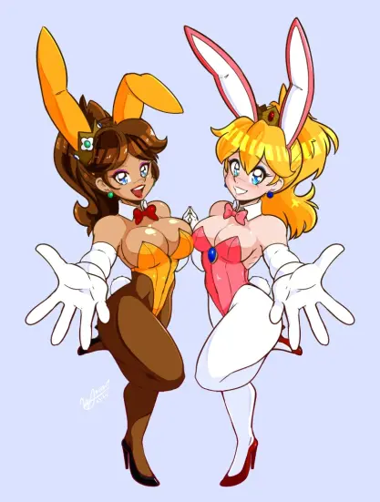 Digital art of Princess Daisy and Princess Peach from the Super Mario Bros. series in bunny suits. Each has one knee up with one arm stretched out towards the viewer, with their other hands pressing together behind them. Daisy looks happy, almost smug, while Peach looks a little embarrassed.