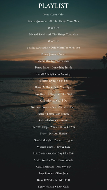 Playlist of the Smooth Jazz mix, consisting of 25 songs and artistes. The names of the artistes is set over a sunset over the shoreline of a beach’s backdrop.