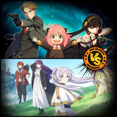 Screenshot from two anime series. Upper panel is from Spy X Family showing the core cast (Loid, Anya, and Yor) with a swirling galaxy background. The lower image is from Frieren showing the titular character in the foreground looking wistfully into the distance with two other characters behind her. In the middle is an orange circle with VS written in the middle and "Ani-March Madness" written around the edge of the circle.
