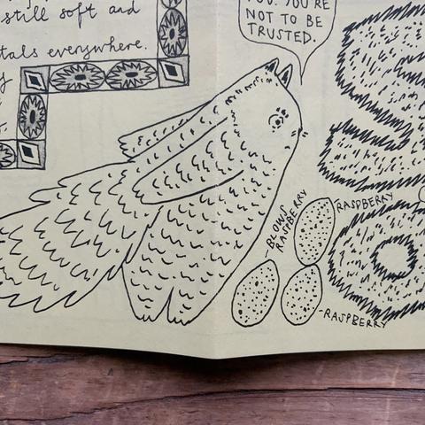 Fraser the cat drawn in ink, frowning at the toad who is off stage.