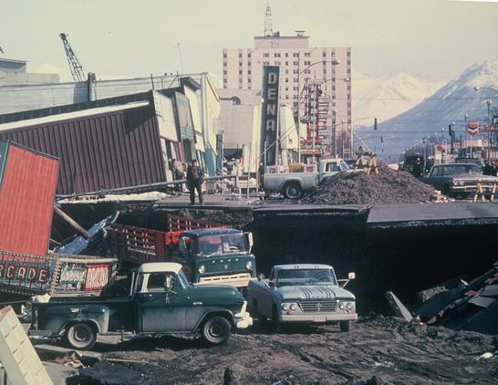 photo - 1964 - damaged street in Anchorage after the Great Alaska Earthquake & Tsunami