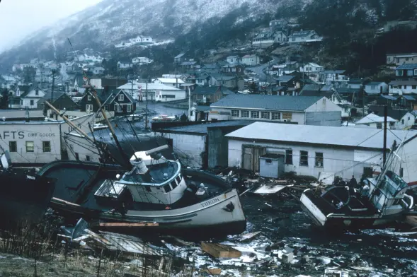 photo - 1964 - damage near the coastline in Anchorage after the Great Alaska Earthquake & Tsunami