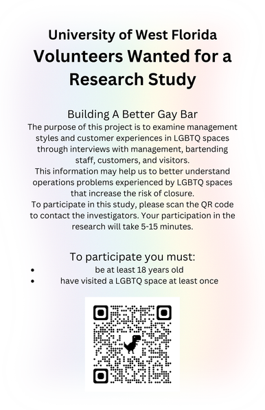 University of West Florida
Volunteers Wanted for a Research Study

Building A Better Gay Bar
The purpose of this project is to examine management styles and customer experiences in LGBTQ spaces through interviews with management, bartending staff, customers, and visitors.
This information may help us to better understand operations problems experienced by LGBTQ spaces that increase the risk of closure.
To participate in this study, please scan the QR code to contact the investigators. Your participation in the research will take 5-15 minutes.

To participate you must:
be at least 18 years old
have visited a LGBTQ space at least once