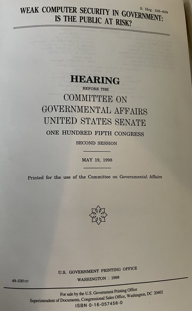 Cover of Transcript of L0pht hearing testimony