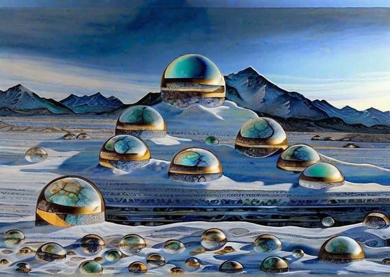 Surreal snowy landscape with distant mountains; a profusion of crystal balls of various sizes seeming to grow out of the ground.