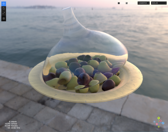 Rasterized image of a golden dish full of olives, and a glass dome over the top. The image shows some refraction in the glass, but lacks soft ambient occlusion among the olives, and the glass does not give a full appearance of depth.