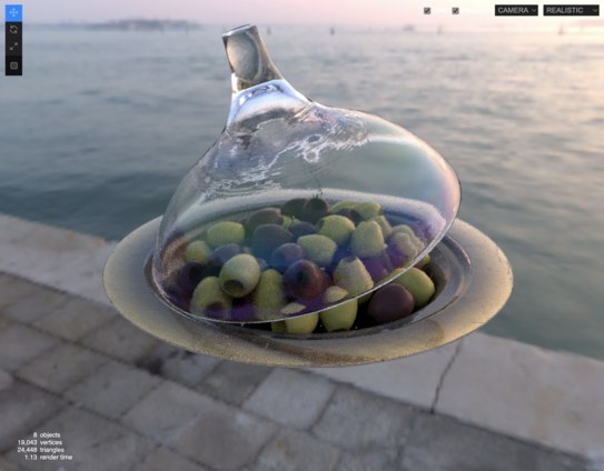 The same dish of olives, rendered with a path-tracer. The olives now have softer shadows from ambient occlusion, and the glass shows more compelling depth, refraction, and dispersion.