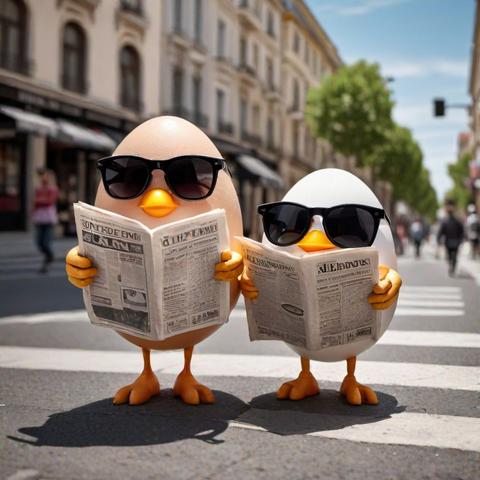 Two eggs wearing sunglasses while reading the newspaper