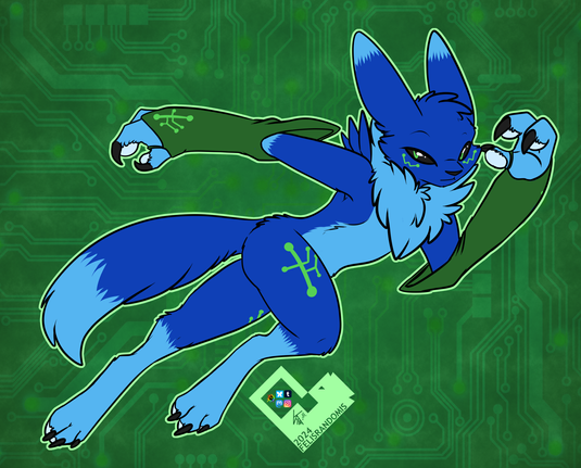 digital art of a blue and green Renamon character in a running pose