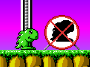 cute green dragon, round sign showing the shape of the dragon which is crossed by two red lines, green grass, purple background