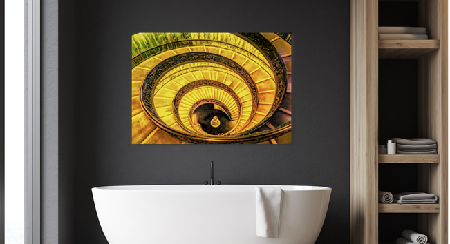 Vatican Yellow Double Spiral Stairs pictured in a bathroom here:

https://www.pictorem.com/1938066/Vatican%20Circular%20Stairs.html
