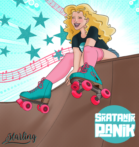 A comic-book style illustration of a laughing person with long, blonde curly hair sitting on the edge of a skate ramp wearing teal and pink rollerskates, pink thigh-high socks, and a black t-shirt with a partially visible logo. The logo is replicated at the bottom of the screen, reading "Skatanik Panik" in white font against a teal circle. In the background, stars, music notes and patterns erupt from behind them.