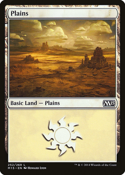 Plains basic land card from Magic: the Gathering core set Magic 2015.  Art by Howard Lyon depicting mesa-like rock formations.