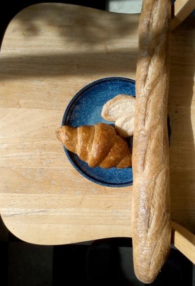 A croissant, a palmier, and a baguette on a plate in the sun.