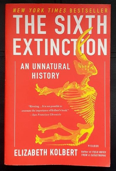 Paperback cover of Elizabeth Kolbert's book 'The Sixth Extinction: An Unnatural History'. It is bright red, with title and author's name in slim white all-caps. A large mastodon skeleton, coloured yellow, is placed side on, facing up, its tusks falling over the book title. Design by Rick Pracher, image from the Smithsonian. There's a blurb from the San Francisco Chronicle: 'Riveting . . . it is impossible to overstate the importance of Kolbert's book.'