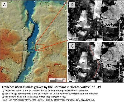 maps / annotated remote sensing images - trenches used as mass graves by the Germans in 'Death Valley', Poland