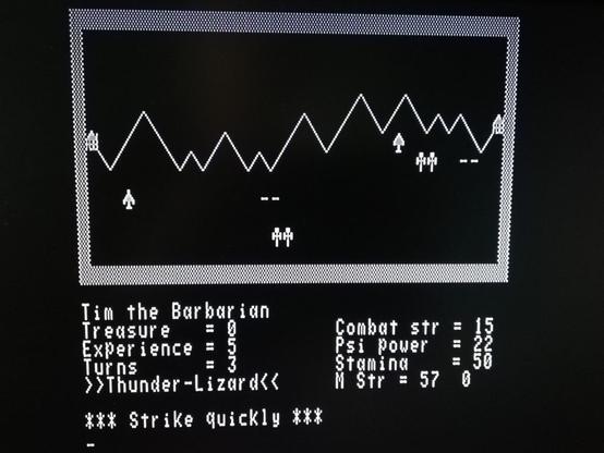 The 1982 Computing Today game "The Valley" being played on a Compukit UK101. Tim the Barbarian is just about to defeat an evil Thunder-Lizard on his way to the treasure.