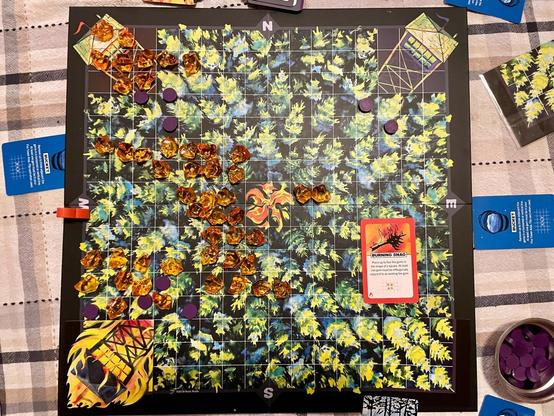 A board game titled with a top down view of a forest of uniform pine trees. There are four fire watch towers, one in each corner.