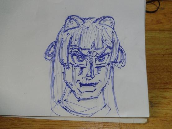 Ballpen drawing of the vtuber Raki Kazuki in the style of Jojo's Bizzare Adventures on a sketchpad