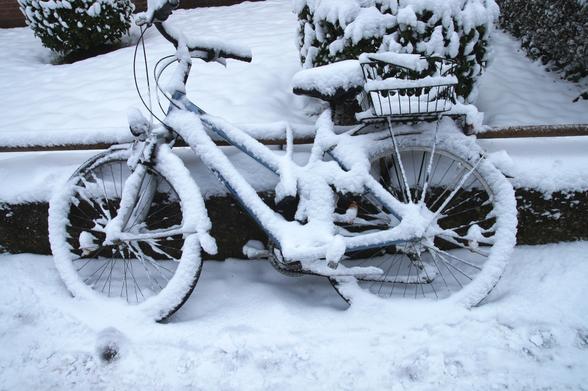 Ein Fahrrad mit frischem Schnee auf allen Teilen: Rädern, Speichen, Rahmen, Sattel und auf dem Korb hinten auf dem Gepäckträger. Das Fahrrad ist  an einem Rohr befestigt, das Teil einer 1960er-Jahre-Einfriedung eines Vorgartens von Mehrfamilien-Siedlungshäusern [Melatengürtel] ist. Im Garten hinter dem Fahrrad sind zwei Buxbäumchen zu sehen. Auch der Garten und die Einfriedung sowie der Gehweg im Vordergrund sind mit "Häubchen-like" Schnee bedeckt. Lediglich vertikale und nach unten gerichtete Flächen sind schneefrei und bilden einen schwarzen Kontrast. Das Bild ist kein Schwarz-Weiß-Foto, aber durch die winterlich lichtarme Stimmung treten Farben nicht hervor.

Aufnahmedatum 16.01.2013