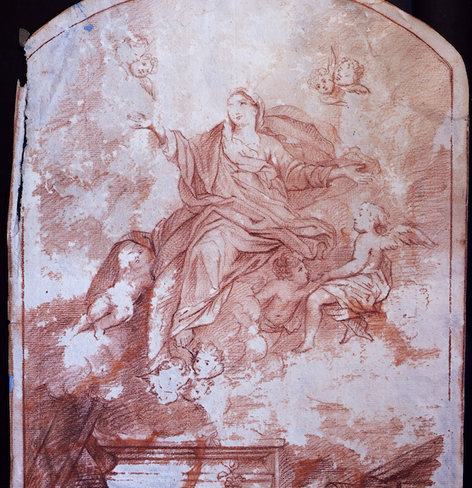 dessin à la sanguine représentant la vierge élevée au ciel par des anges