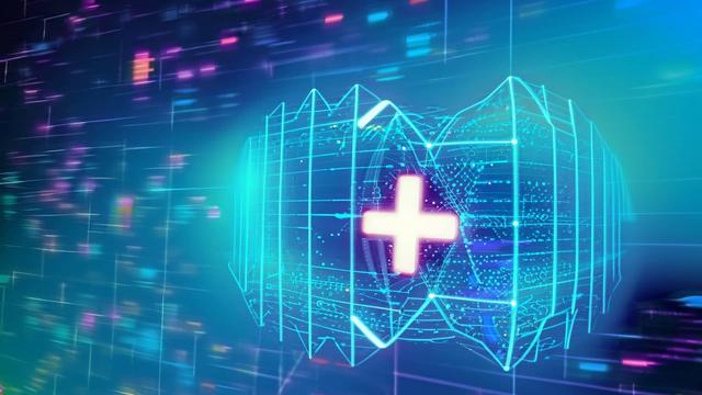 Ein weißes Kreuz als Symbol für medizin in einem bläulich gehaltenen virtuellen Raum gefüllt mit Datensätzen und Datenstrukturen