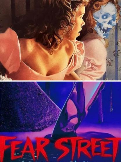 color image of girl in prom dress looking over her shoulder into a mirror and the face looking back is a skull.