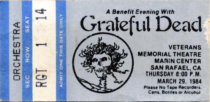 A concert ticket stub from A Benefit Evening with the Grateful Dead at Marin Veteran’s Memorial Auditorium on March 29, 1984.