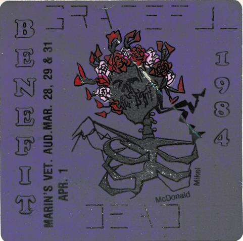 A Mikel sticker for the 3-day Grateful Dead benefit run at Marin Veteran’s Memorial Auditorium on March 28, 29 & 30, 1984.