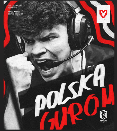 grafika z instagrama siuhy'ego - jego zdjęcie, czarnobiałe, w ujęciu radości po jakimś udanym zagraniu, z zaciśniętią pięścią i okrzykiem, jego kontury są otoczone czerwono-białymi pliniami, pod spodem podpis "Polska Gurom"