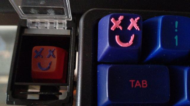 Zwei Tastenkappen mit Smileys aus aufgesetzem Plastik auf einer SA-Escape-Taste. Das Plastik sieht aus wie die Streifen, die ein breiter Marker-Stift hinterlässt.

Die eine Tastenkappen hat ein rosa Smiley auf dunkelblauem, opaquen Grund und sitzt auf einer 60%- oder 65%-Tastatur (man sieht nur die Ecke oben links) mit SA-Laser-Keycaps, die andere ist dunkelblau auf einem sehr rötlichem und halb-opaquen Rosa sitzt in einem speziell für Artisan-Keycaps gemachten Containerchen mit offenem, durchsichtigen Deckel.