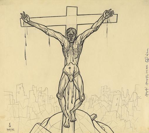 Drawing with a crucified man (on a kind of hill) in the centre, who dominates the entire scene. The man is beardless, naked except for a kind of loincloth-slip and bleeding profusely. He looks in horror towards the viewer. A sketch of a bombed-out modern city can be seen in the background.