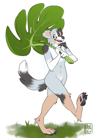 An anthro Australian shepherd is shown walking in a bouncy upbeat way while holding a massively oversized monstera leaf above his head like an umbrella