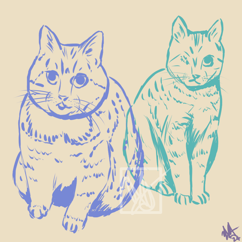 Two portraits of cats in shades of blue on a pale yellow background. One cat is chonky, one cats is dainty.