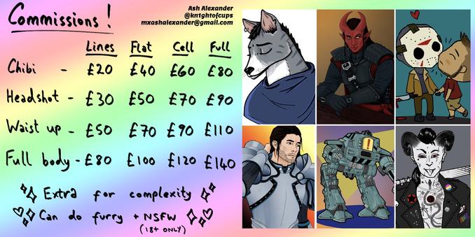 Commissions price matrix featuring examples of my art. Prices range from lines only chibi at £20, to full body full render at £140. Includes the notes “Extra for complexity,” and “Can do furry and NSFW (18+ only).” Includes the contact email ‘knightofcuosart@gmail.com.’