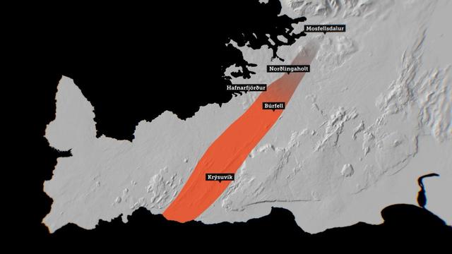 Schéma du système volcanique de Krysuvik qui s'étend de la côté sud de la péninsule jusqu'à la ville de Mosfellsdalur
