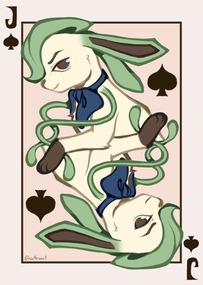 A Jack of Spades card featuring a smug-looking Leafeon in a blue bow. The vines on his shoulders intertwine in a helical shape.