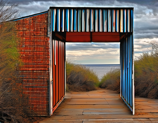A small gateway building in contrasting colors stands at an abandoned seaside amusement park, framing a wood-floored passage lined by windswept reeds.