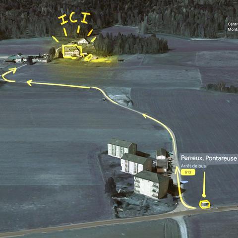 Vue 3D avec indications (manuscrites) pour arriver au hameau